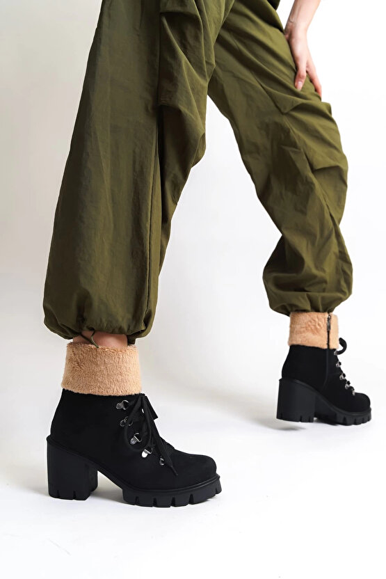 EMMA Bağcıklı Fermuarlı Ortopedik Taban Topuklu Kürk Detaylı Süet Kadın Bot SST - Siyah