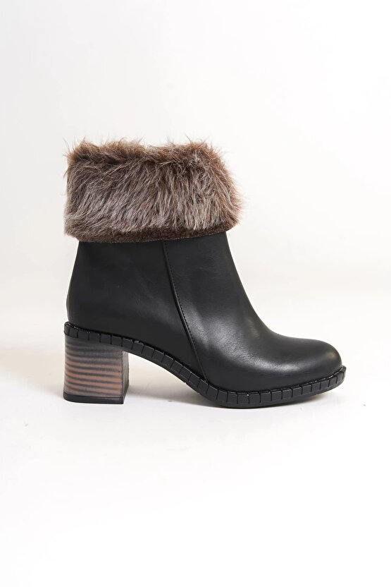 JULIA Fermuarlı Ortopedik Taban Tüylü Topuklu Kadın Bot CST - Siyah