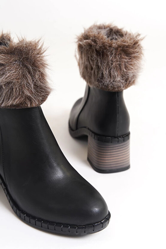 JULIA Fermuarlı Ortopedik Taban Tüylü Topuklu Kadın Bot CST - Siyah