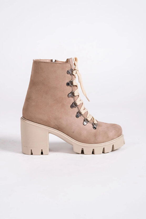 EMMA Bağcıklı Fermuarlı Ortopedik Taban Topuklu Süet Kadın Bot - Ten