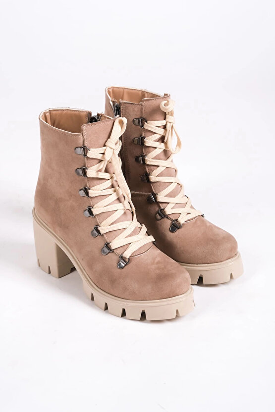 EMMA Bağcıklı Fermuarlı Ortopedik Taban Topuklu Süet Kadın Bot - Ten