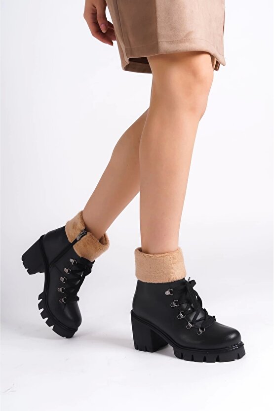 EMMA Bağcıklı Fermuarlı Ortopedik Taban Topuklu Kürk DetaylıKadın Bot CST - Siyah