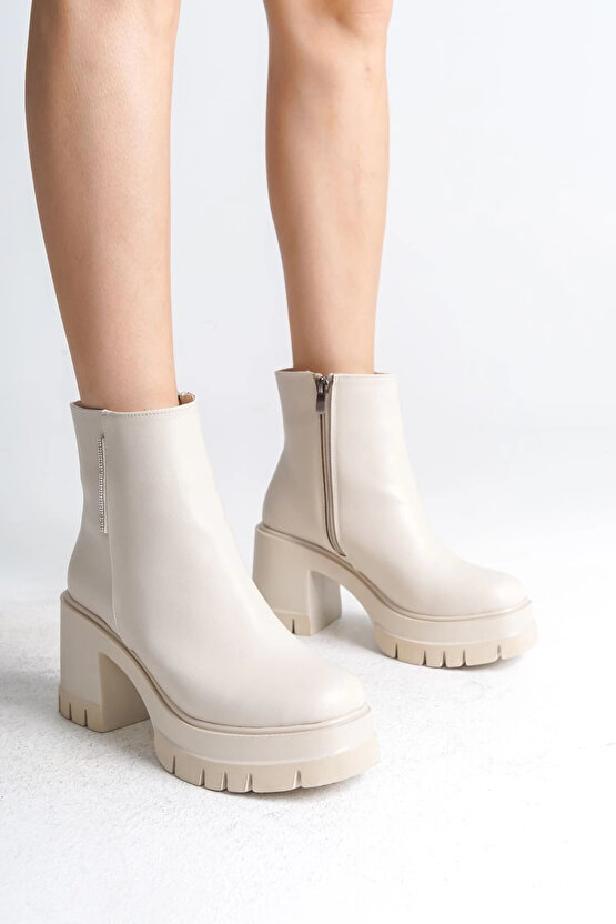 LISSE Fermuarlı Ortopedik Taban Kalın Topuklu Kadın Bot KT - Krem