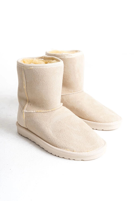 SELINA Bağcıksız Düz Taban İçi Kürklü Süet Kadın Bot SKT - Krem