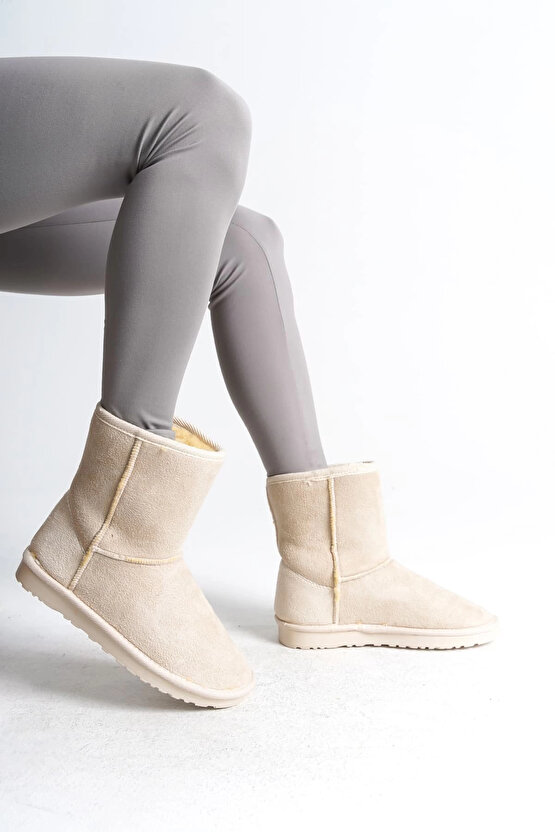 SELINA Bağcıksız Düz Taban İçi Kürklü Süet Kadın Bot SKT - Krem