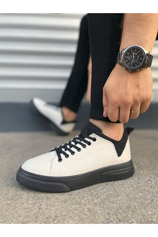 JY204 Flex Bağcıklı Keten Kumaş Erkek Günlük Sneaker Ayakkabı KST - BeyazSiyah