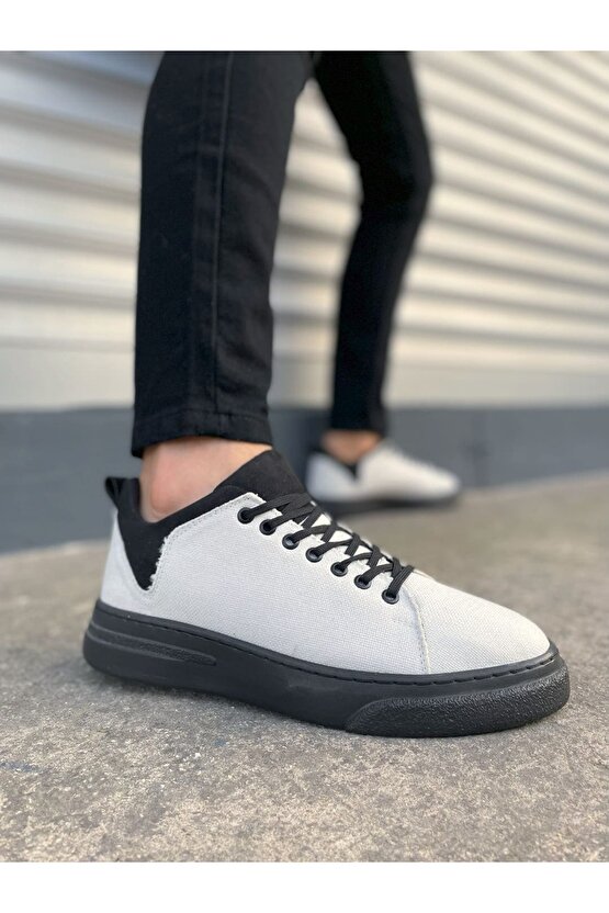 JY204 Flex Bağcıklı Keten Kumaş Erkek Günlük Sneaker Ayakkabı KST - BeyazSiyah