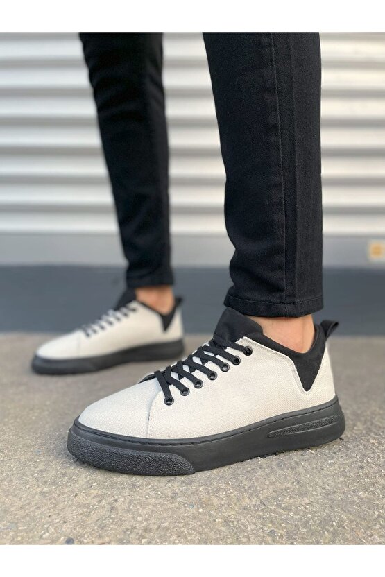 JY204 Flex Bağcıklı Keten Kumaş Erkek Günlük Sneaker Ayakkabı KST - BeyazSiyah