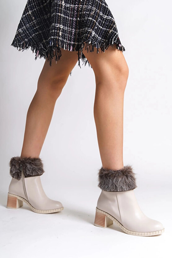 JULIA Fermuarlı Ortopedik Taban Tüylü Topuklu Kadın Bot CKT - Krem