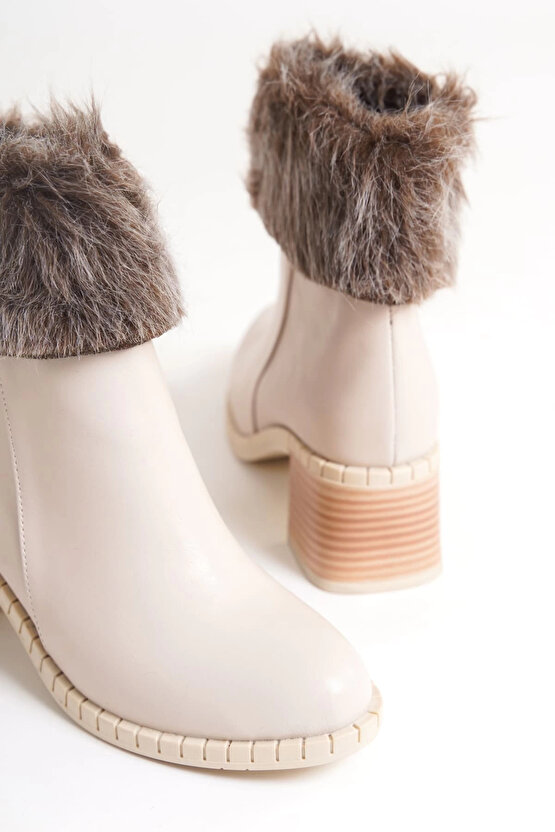 JULIA Fermuarlı Ortopedik Taban Tüylü Topuklu Kadın Bot CKT - Krem