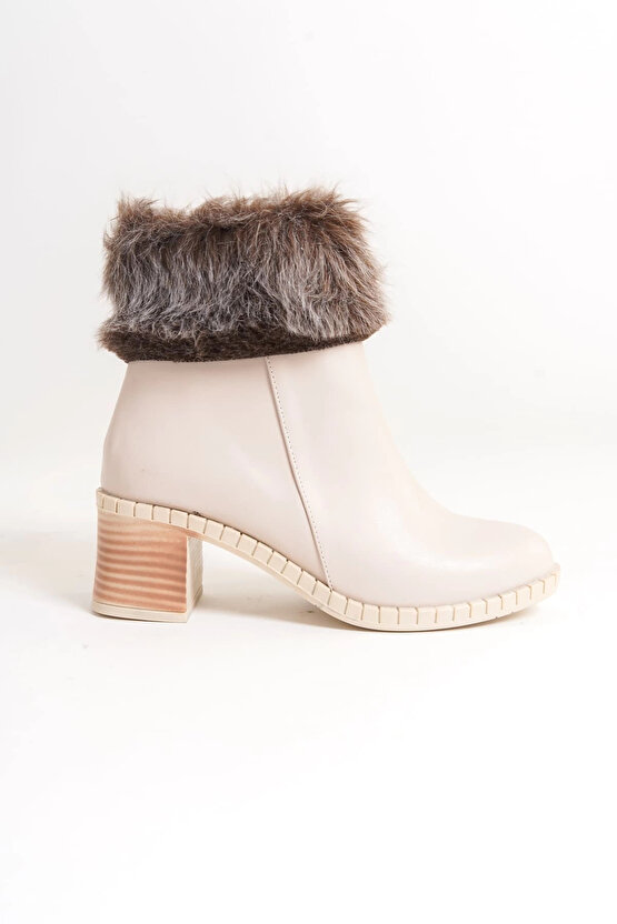 JULIA Fermuarlı Ortopedik Taban Tüylü Topuklu Kadın Bot CKT - Krem