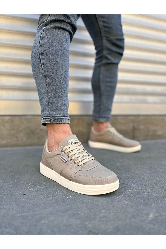 JY0118 REX Bağcıklı Keten Kumaş Erkek Günlük Sneaker Ayakkabı KKT - Bej
