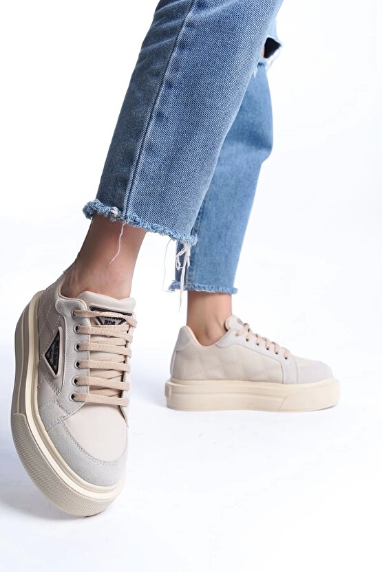 PRAG Bağcıklı Ortopedik Taban Desenli Kadın Sneaker Spor Ayakkabı CKT - Krem