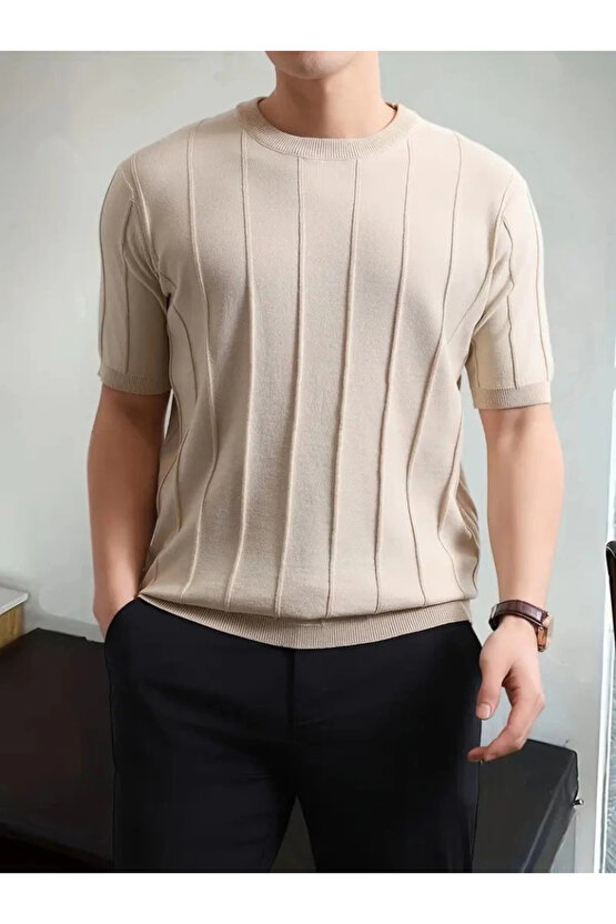 Erkek Kısa Kollu Bisiklet Yaka çizgili Triko Bluz