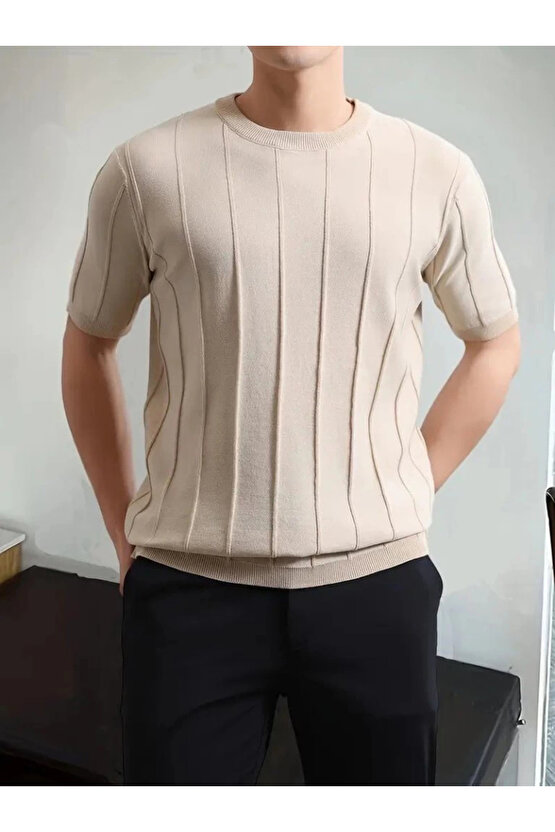 Erkek Kısa Kollu Bisiklet Yaka çizgili Triko Bluz