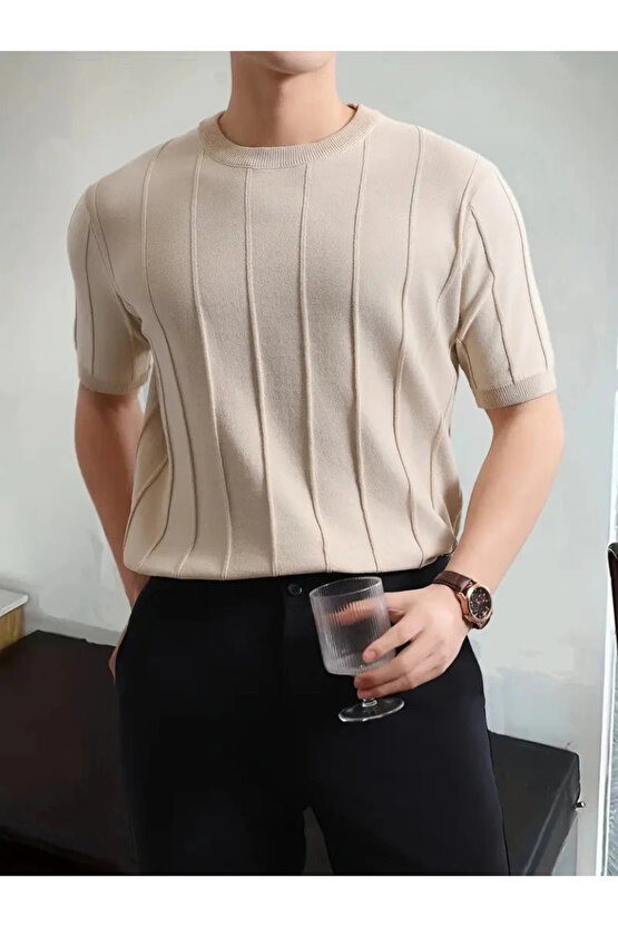 Erkek Kısa Kollu Bisiklet Yaka çizgili Triko Bluz