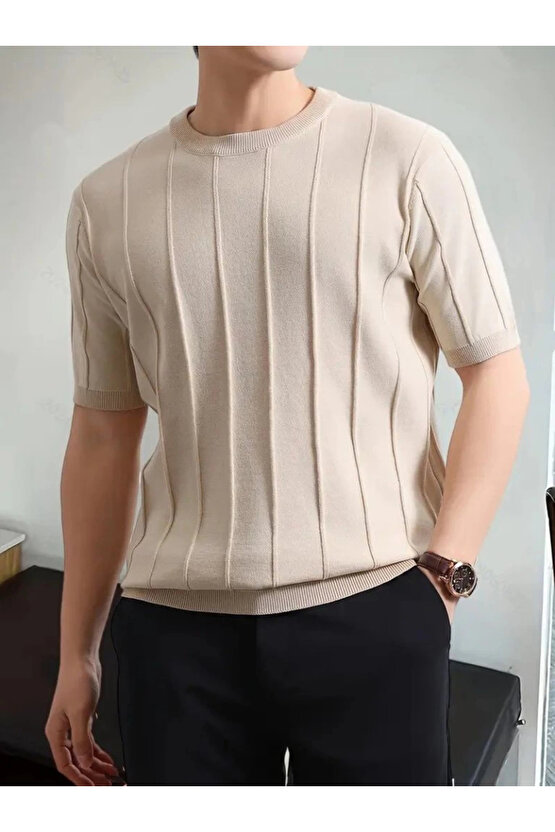 Erkek Kısa Kollu Bisiklet Yaka çizgili Triko Bluz