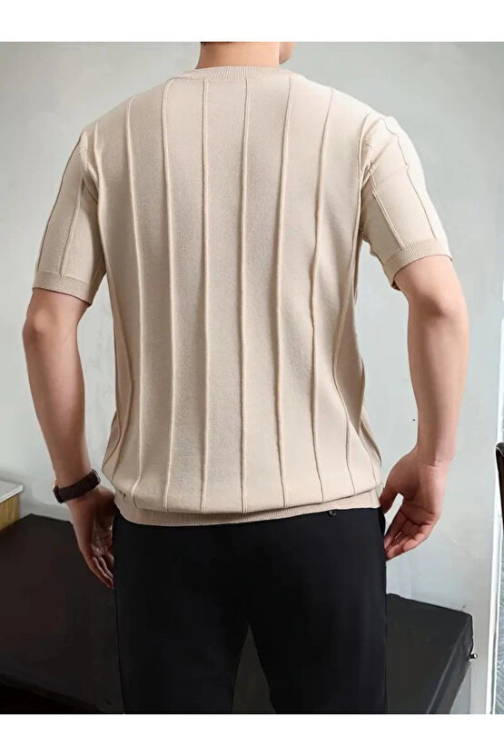 Erkek Kısa Kollu Bisiklet Yaka çizgili Triko Bluz