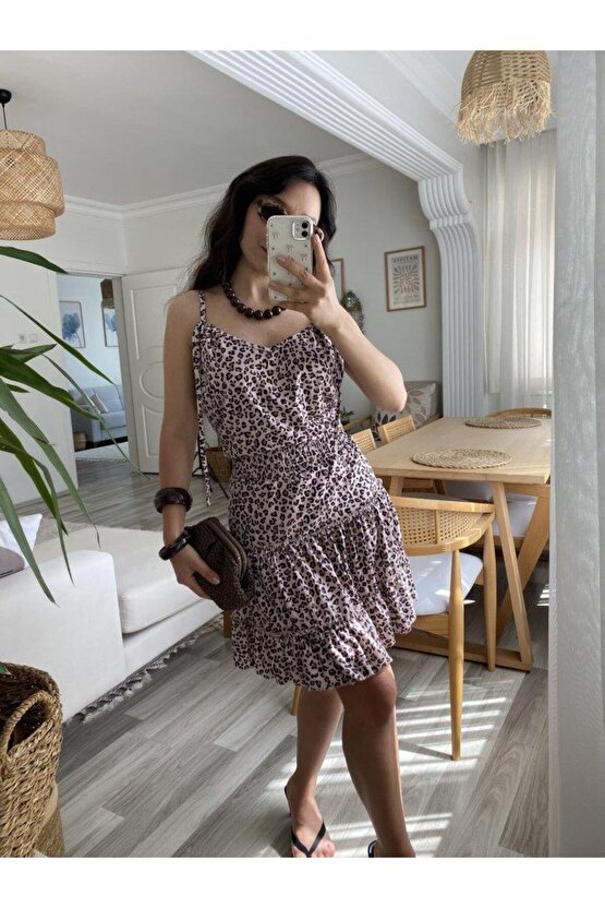 Kadın Askılı V Yaka Beli Pileli Leopar Desen Eteği Fırfırlı Süprem Elbise