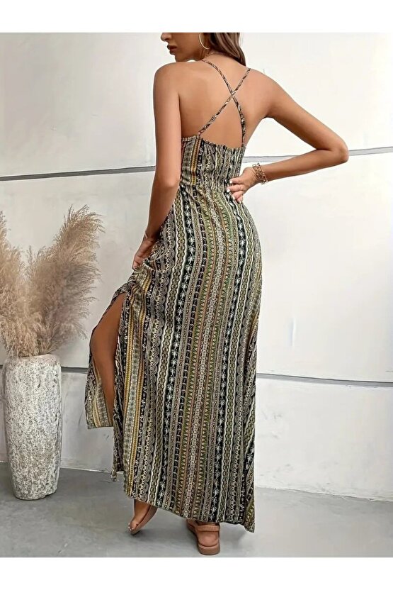 Kadın Ip Askılı Sırttan çapraz Detaylı Yırtmaçlı Desenli Süprem Elbise