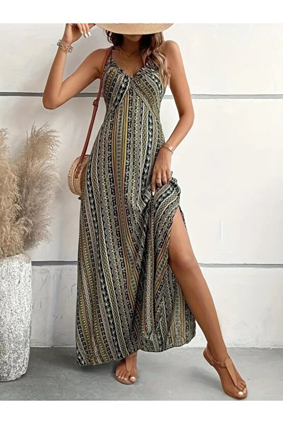 Kadın Ip Askılı Sırttan çapraz Detaylı Yırtmaçlı Desenli Süprem Elbise