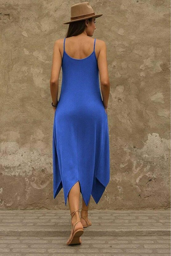 Kadın Askılı V Yakalı Cep Detaylı Asimetrik Kesim Viskon Elbise