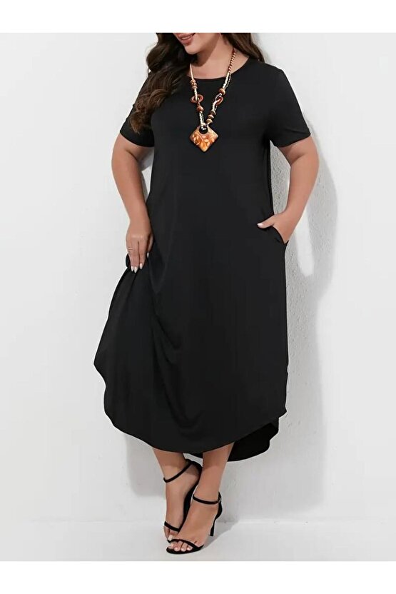 Kadın Kısa Kollu Bisiklet Yaka Cepli Salaş Viskon Elbise