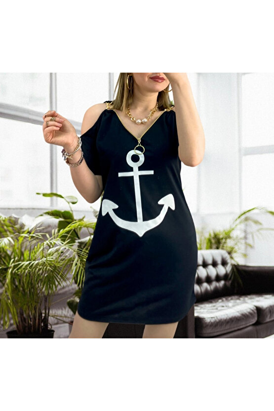 Fermuar Detay çıpa Baskılı Zincir Askılı Viskon Elbise