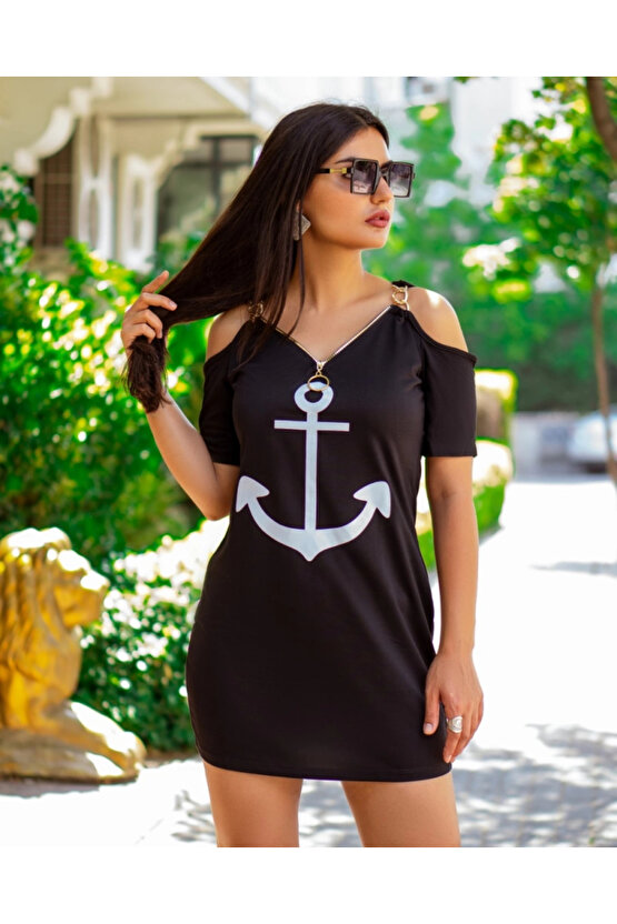 Fermuar Detay çıpa Baskılı Zincir Askılı Viskon Elbise