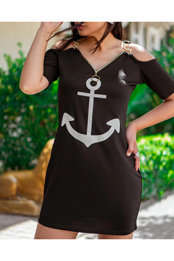 Fermuar Detay çıpa Baskılı Zincir Askılı Viskon Elbise