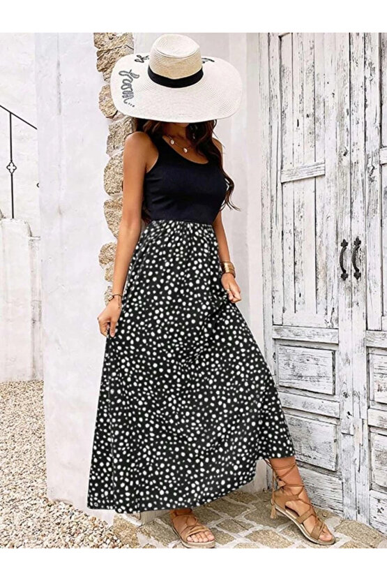 Kadın Askılı Yuvarlak Yaka üst Viskon Alt Desenli Bürümcük Elbise