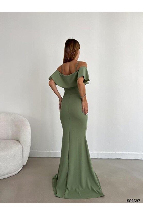 Kadın Dalgıç Krep Yırtmaç Detaylı Askılı Maxi Boy Elbise