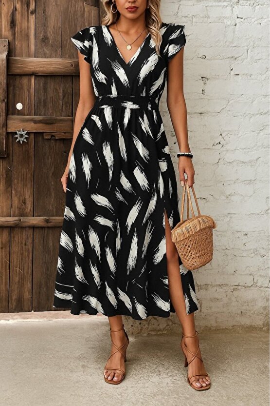 eyesof Kadın Kısa Kollu V Yakalı Desenli Yandan Yırtmaçlı Süprem Elbise