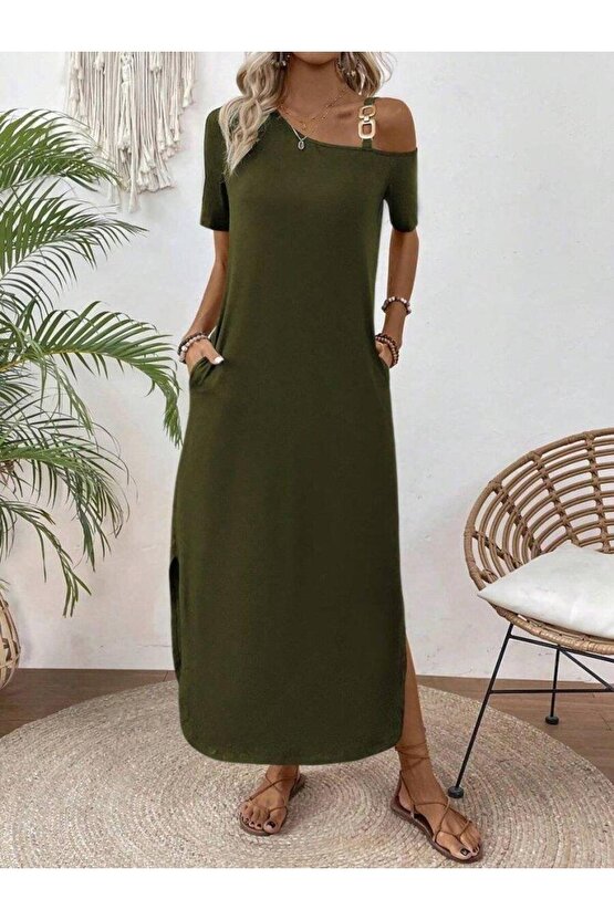 Kadın Tek Omuzdan Açık Toka Detaylı Yandan Yırtmaçlı Maksi Boy Viskon Elbise