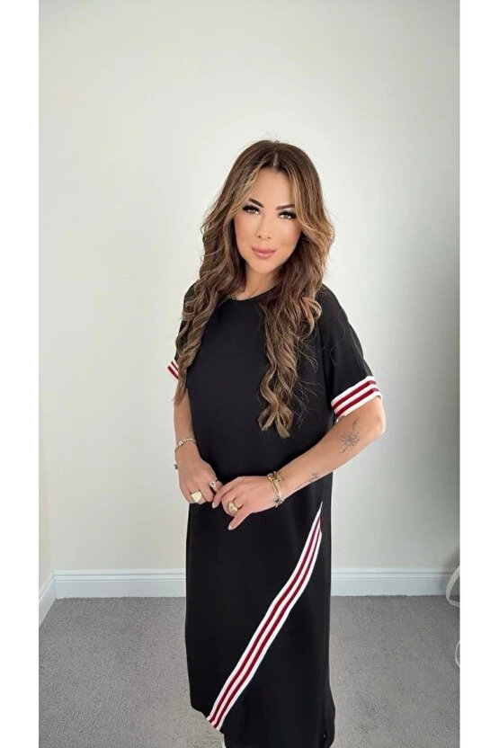 Kadın Kol Ve Etek şerit Detaylı Midi Boy Elbise