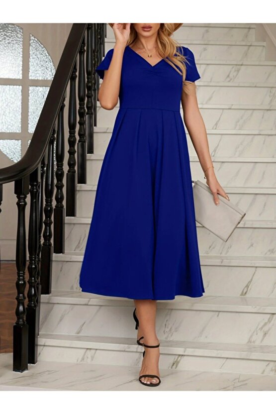 eyesof Kadın Kısa Kollu V Yakalı önden Pileli Midi Janjan Krep Elbise