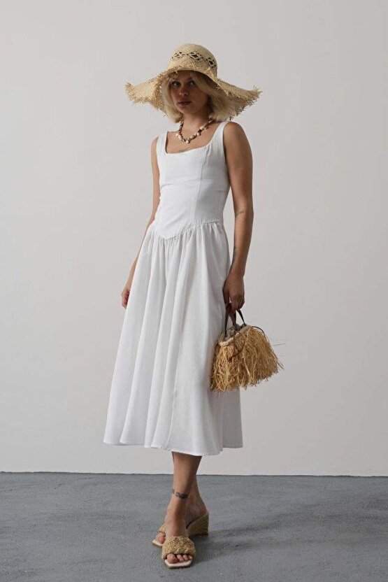 Askılı Uzun Elbise - Beyaz