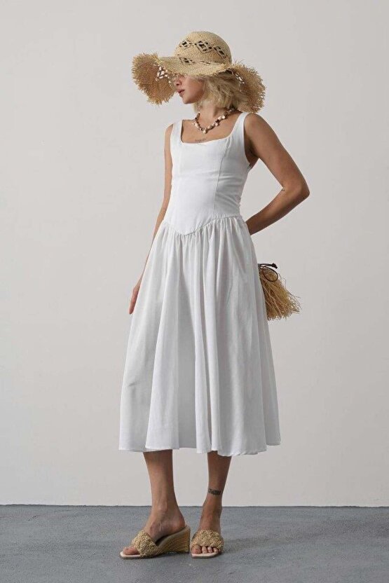 Askılı Uzun Elbise - Beyaz