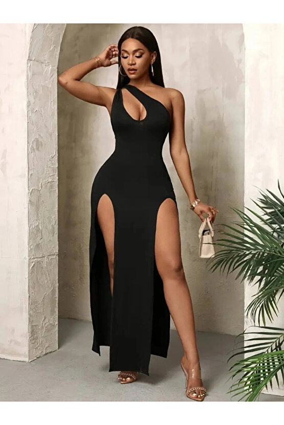 Kadın Tek Omuzdan Açık Damla Detaylı Yırtmaç Detaylı Uzun Janjan Krep Elbise