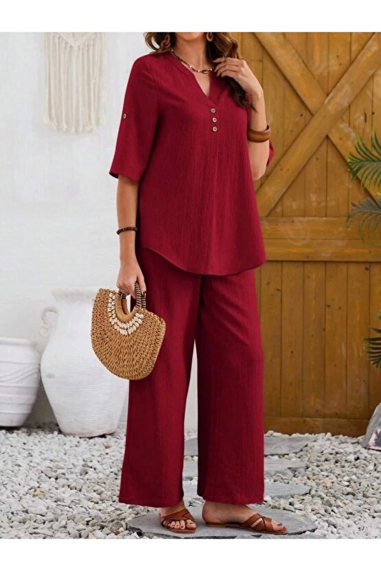 Kadın Kısa Kollu V Hakim Yaka Düğmeli Bürümcük Bluz Ve Pantolon Ikili Takım
