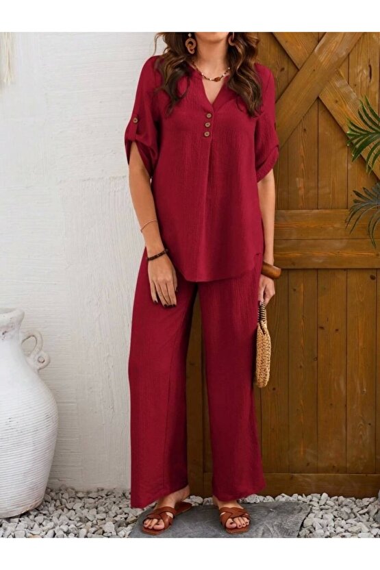 Kadın Kısa Kollu V Hakim Yaka Düğmeli Bürümcük Bluz Ve Pantolon Ikili Takım