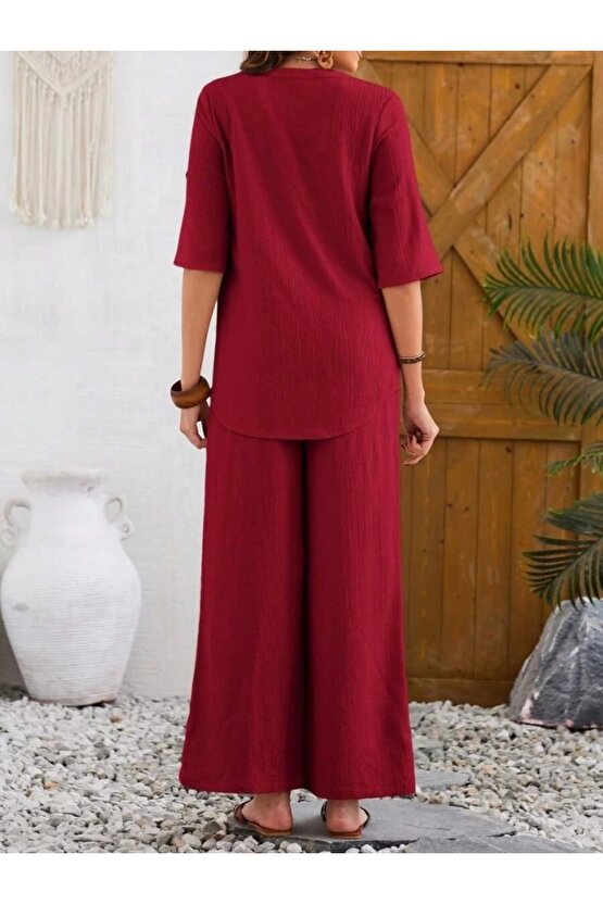 Kadın Kısa Kollu V Hakim Yaka Düğmeli Bürümcük Bluz Ve Pantolon Ikili Takım