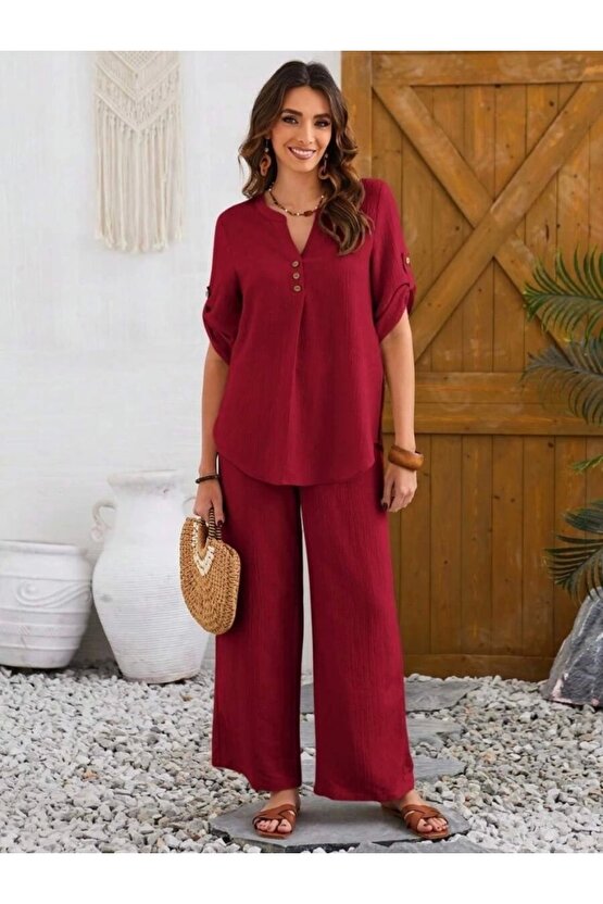 Kadın Kısa Kollu V Hakim Yaka Düğmeli Bürümcük Bluz Ve Pantolon Ikili Takım