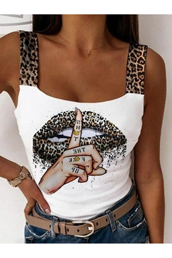 Kadın Leopar Askılı Leopar Baskılı Mikro Kumaş Bluz