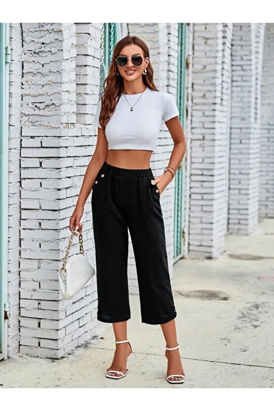 eyesof Kadın Beli Lastikli Düğme Ve Cep Detaylı Kapri Ithal Keten Pantolon