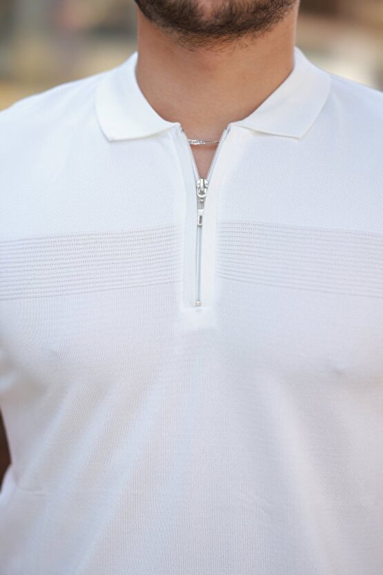 eyesof Erkek Göğüs Pirinç Desenli Fermuar Yakalı Kısa Kollu Tişört