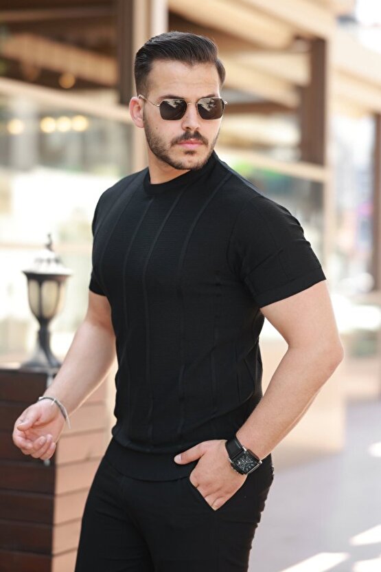 eyesof Erkek Desenli çizgi Kabartmalı Kısa Kollu Tişört