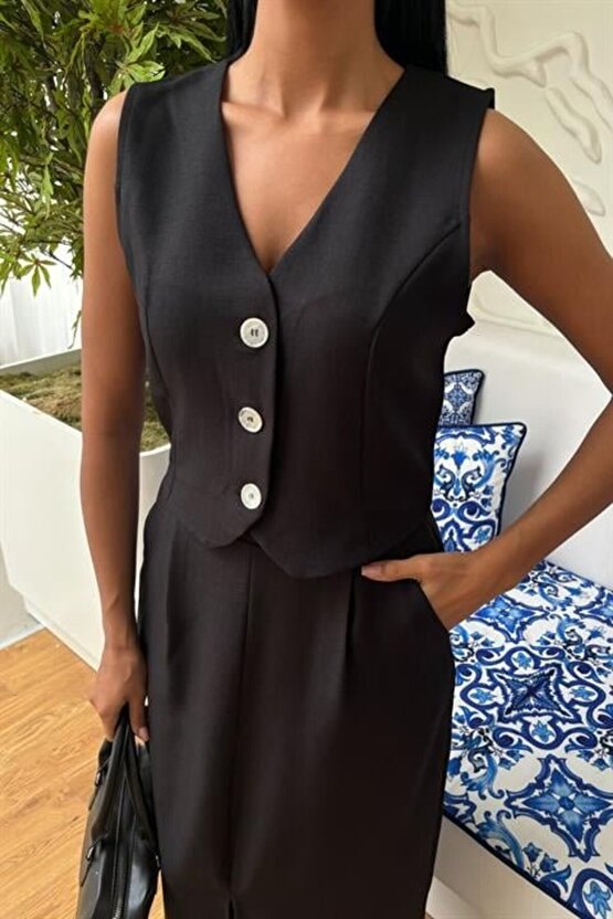 Etek Yırtmaçlı Yelekli Keten Takım 10131