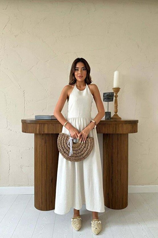 Bej Arkası Gipeli Keten Elbise