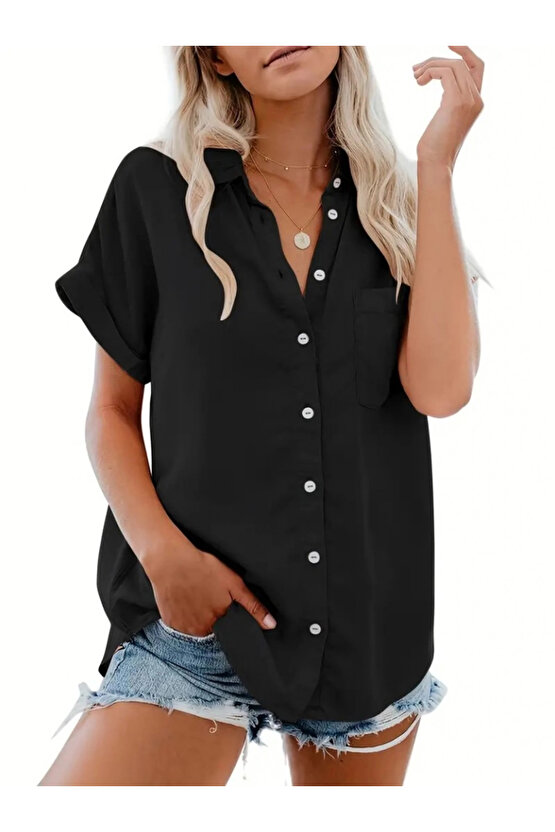 Kadın Kısa Kollu V Yakalı önden Düğmeli Dokuma Gömlek